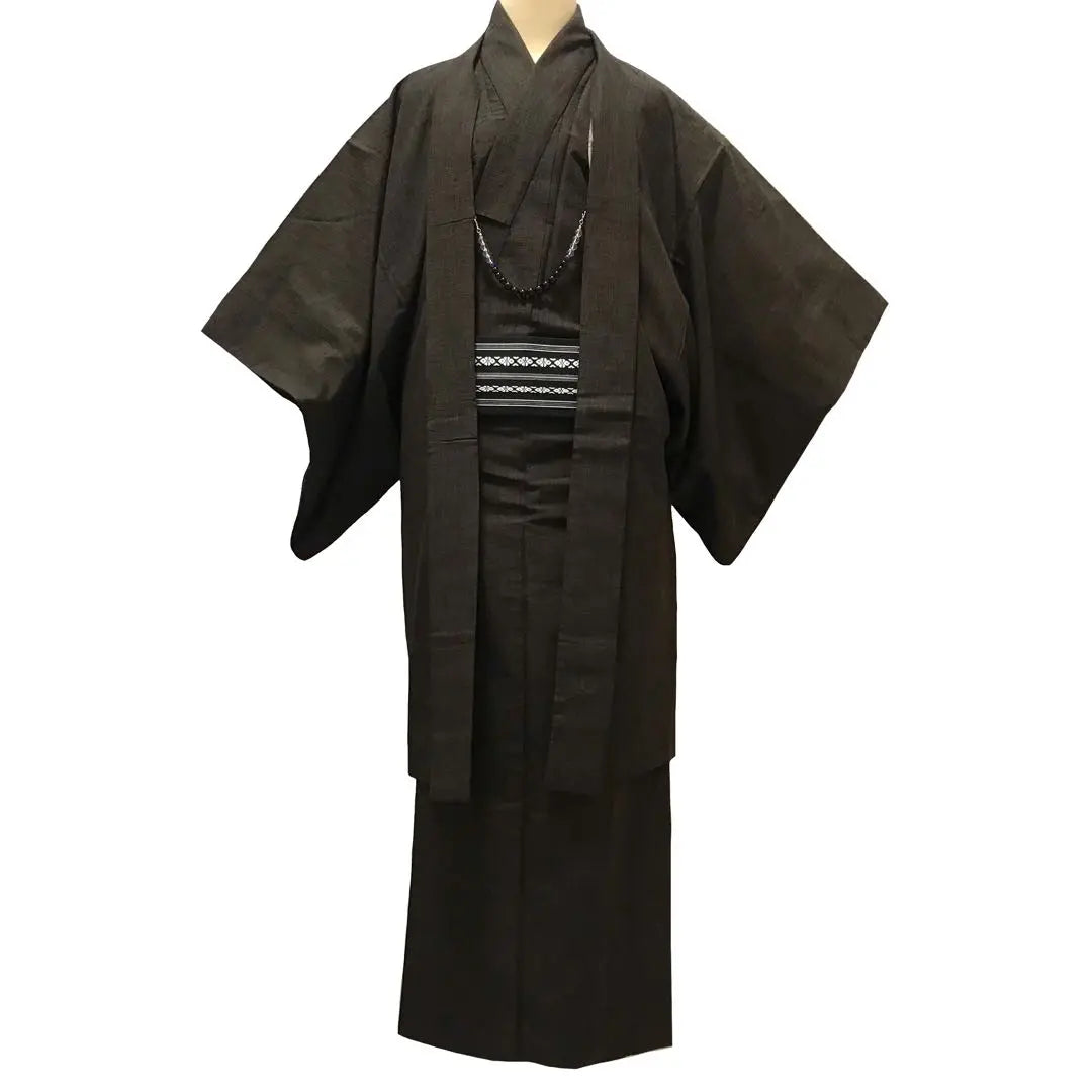 [Tsumugi] Man Tsumugi, beautiful condition, pure silk, ensemble, brown, long undergarment, haori, men's kimono set