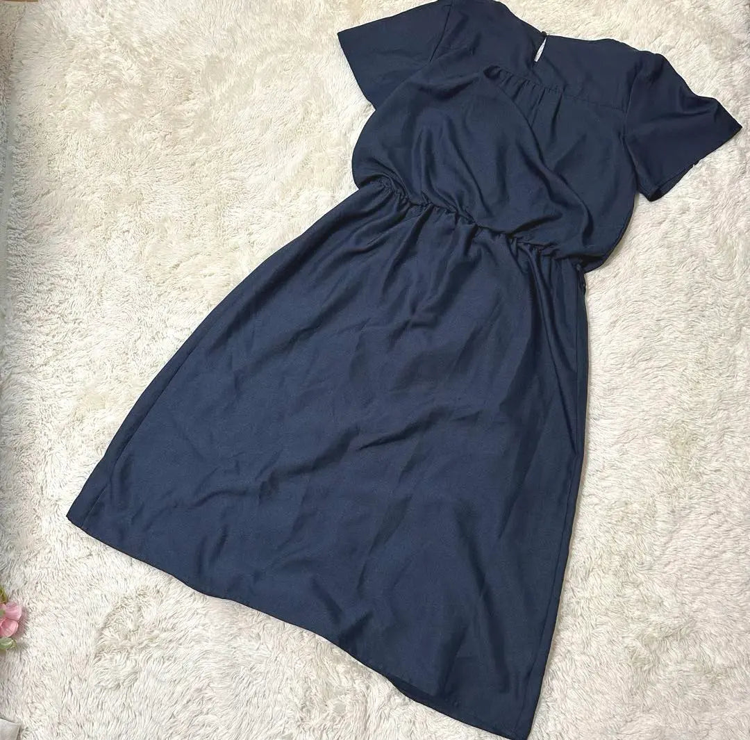 [Made in India] Navy Flare Dress, Ruffle Sleeves, Waist Ribbon, Elegant