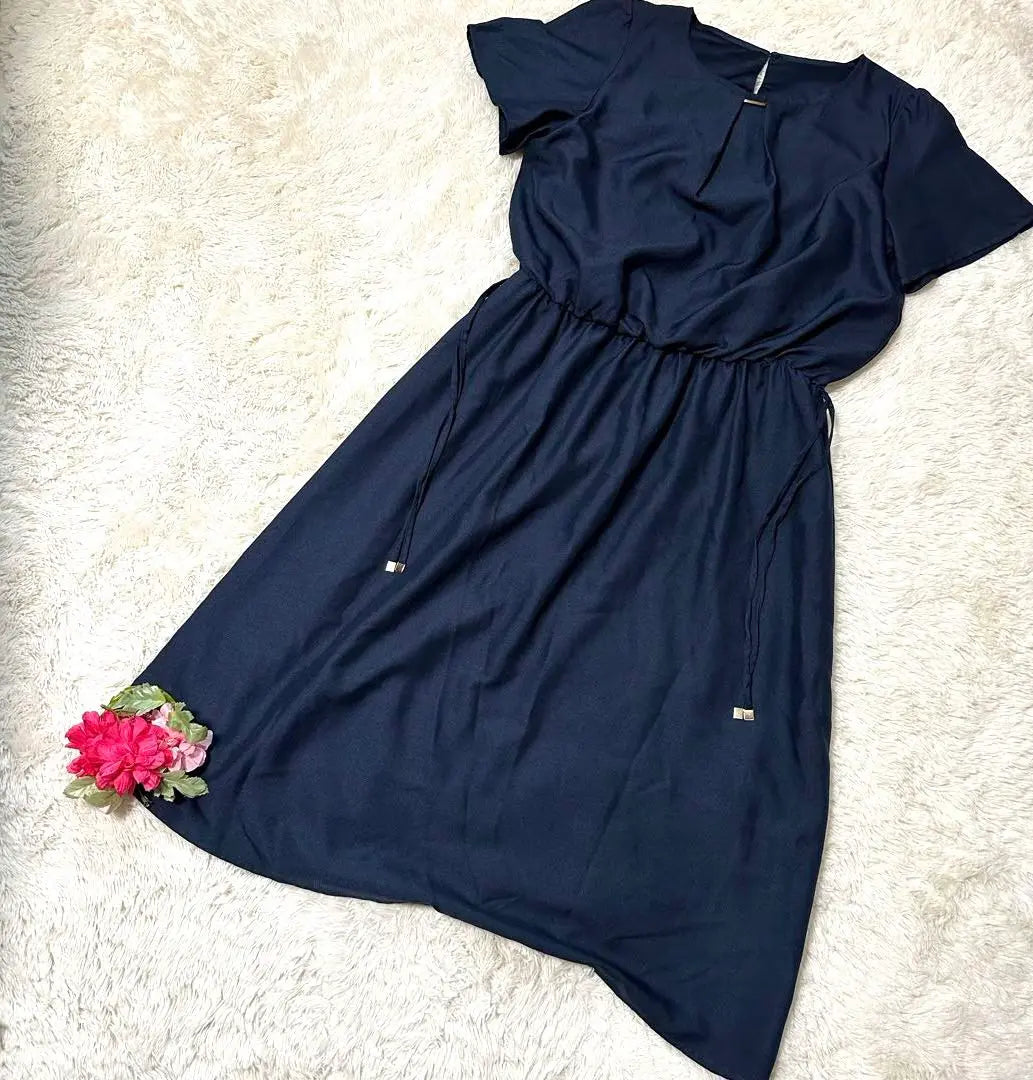 [Made in India] Navy Flare Dress, Ruffle Sleeves, Waist Ribbon, Elegant