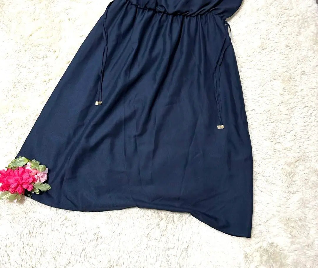 [Made in India] Navy Flare Dress, Ruffle Sleeves, Waist Ribbon, Elegant