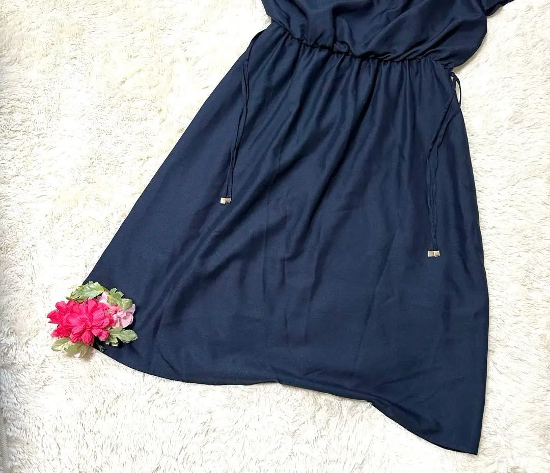 [Made in India] Navy Flare Dress, Ruffle Sleeves, Waist Ribbon, Elegant