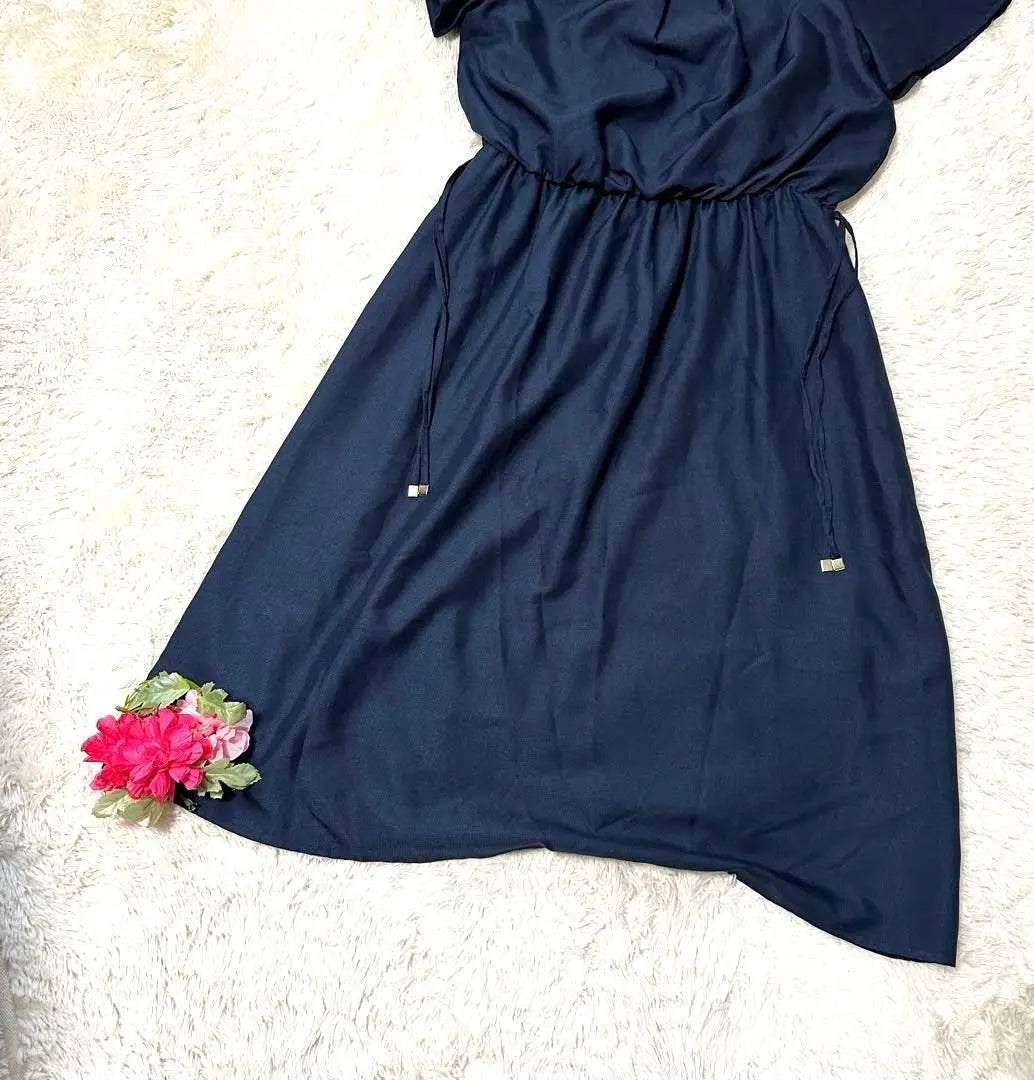 [Made in India] Navy Flare Dress, Ruffle Sleeves, Waist Ribbon, Elegant