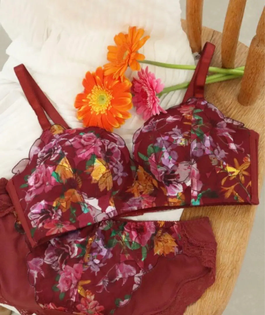 Emmefeel ❤️Floral pattern Super-sized bra Shorts set D75 Red Bordeaux Rare