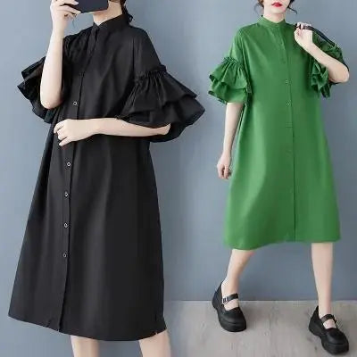 Vestido de manga con volantes de talla grande para mujer Primavera/Verano Nueva camisa de manga corta | 大きいサイズ フリル袖 ワンピース レディース 春夏 新品 半袖 シャツ