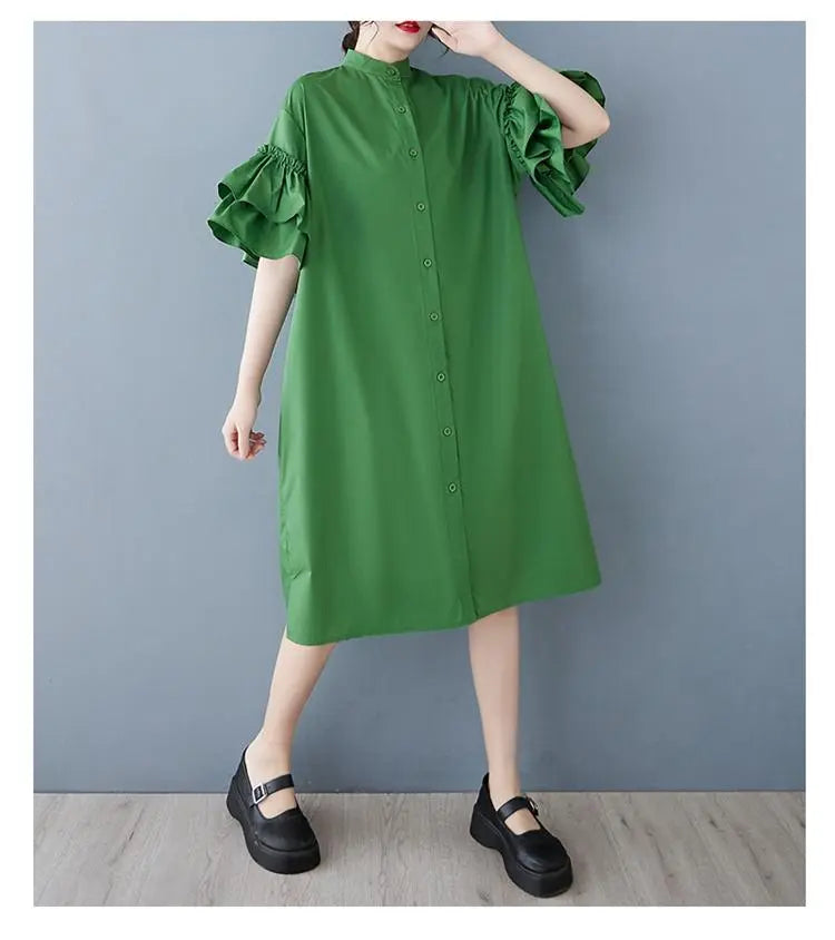 Vestido de manga con volantes de talla grande para mujer Primavera/Verano Nueva camisa de manga corta | 大きいサイズ フリル袖 ワンピース レディース 春夏 新品 半袖 シャツ