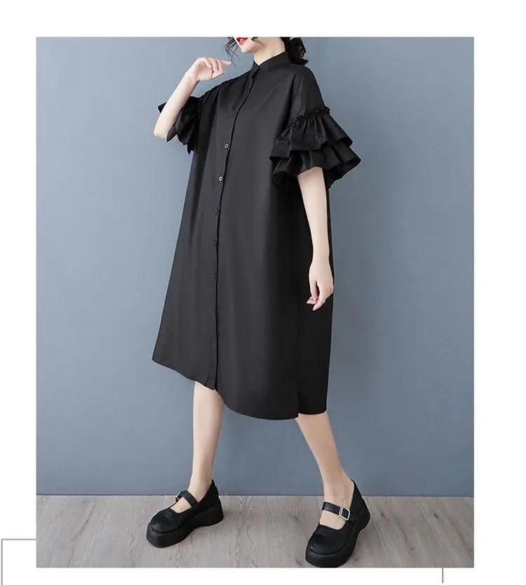 Vestido de manga con volantes de talla grande para mujer Primavera/Verano Nueva camisa de manga corta | 大きいサイズ フリル袖 ワンピース レディース 春夏 新品 半袖 シャツ