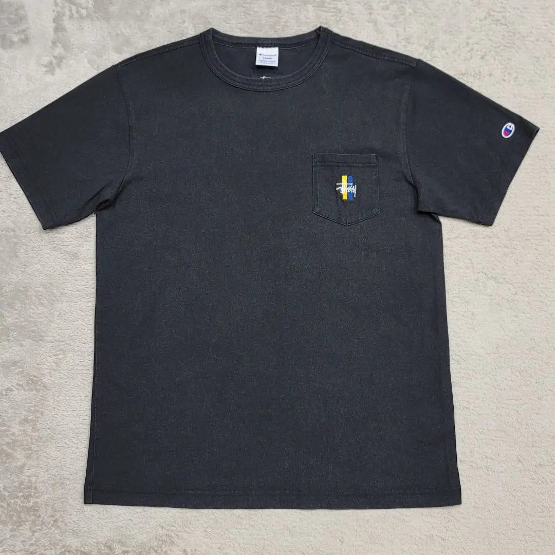 Stussy x Champion T -shirt L Black Logo Collaboration | STUSSY　×　Champion　Tシャツ　L　ブラック　ロゴ　コラボ