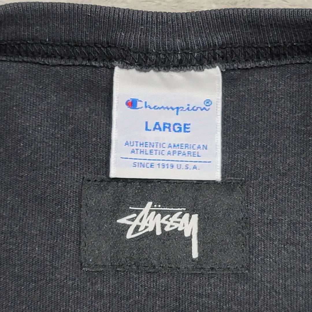 Stussy x Champion T -shirt L Black Logo Collaboration | STUSSY　×　Champion　Tシャツ　L　ブラック　ロゴ　コラボ