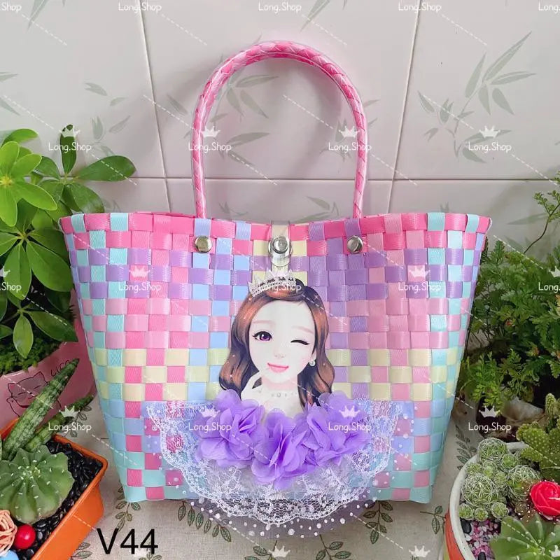 Cesta de plástico V33 Bolsa ecológica hecha a mano con banda de PP de colores