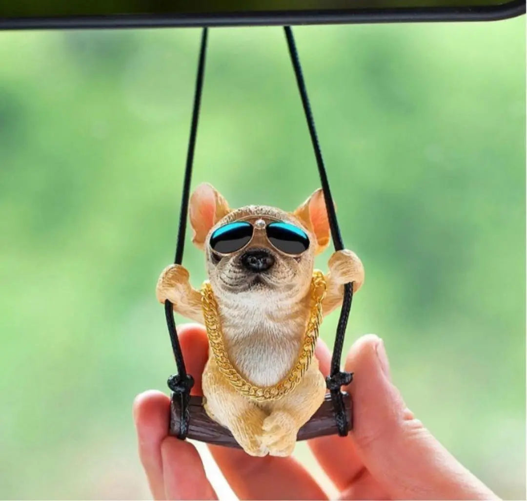 Hanged French bulldog sunglasses Gold necklace Mirror beige in the car