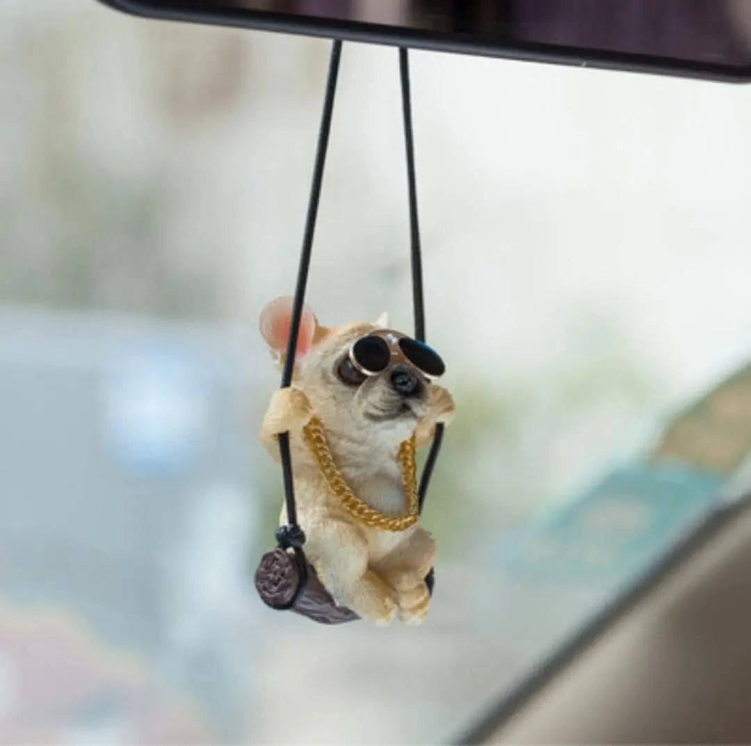 Hanged French bulldog sunglasses Gold necklace Mirror beige in the car