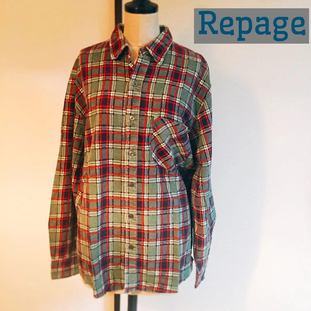 9569 repage Check flannel shirt green red navy men's L green