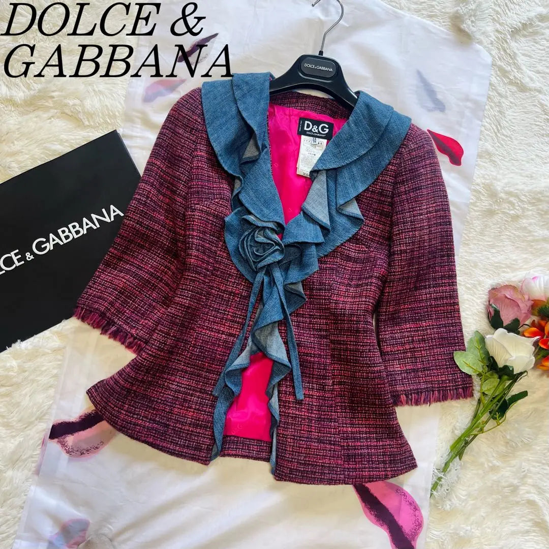 [Belleza] DOLCE &amp; GABBANA Chaqueta de tweed Denim Frill M 38 | 【美品】DOLCE&amp;GABBANA ツイードジャケット デニム フリル M 38