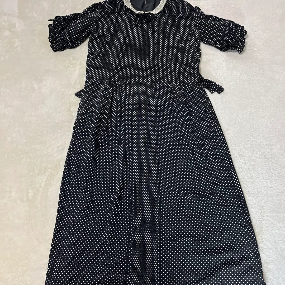 Kaneko Isao Dot Dress Ribbon Pintuck Lace Long Black