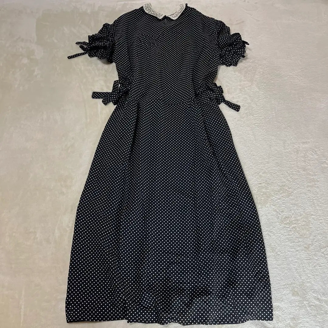 Kaneko Isao Dot Dress Ribbon Pintuck Lace Long Black