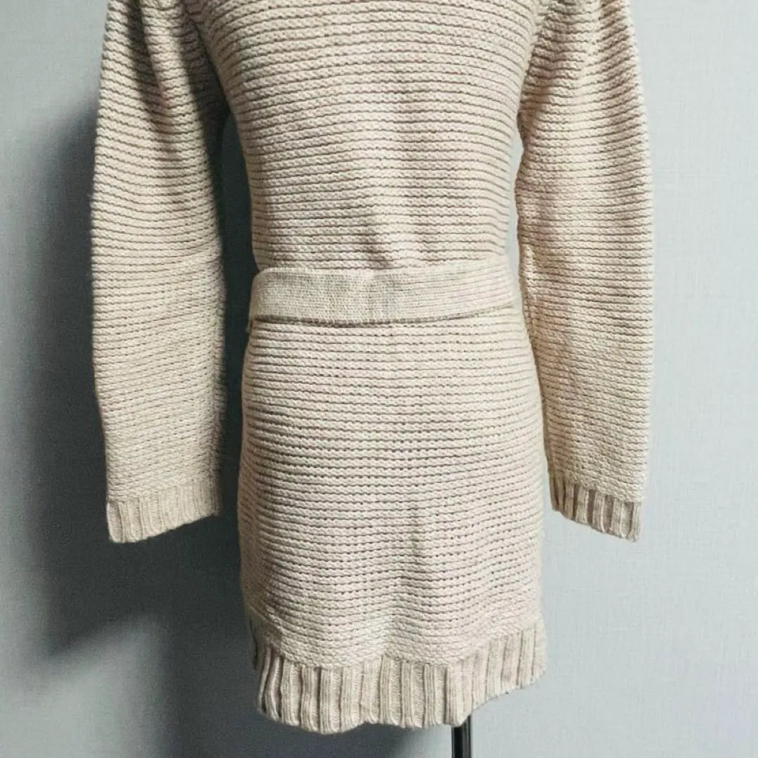 Beautiful condition Simplicity Waist Ribbon Wool Long Sleeve Beige Long Cardigan