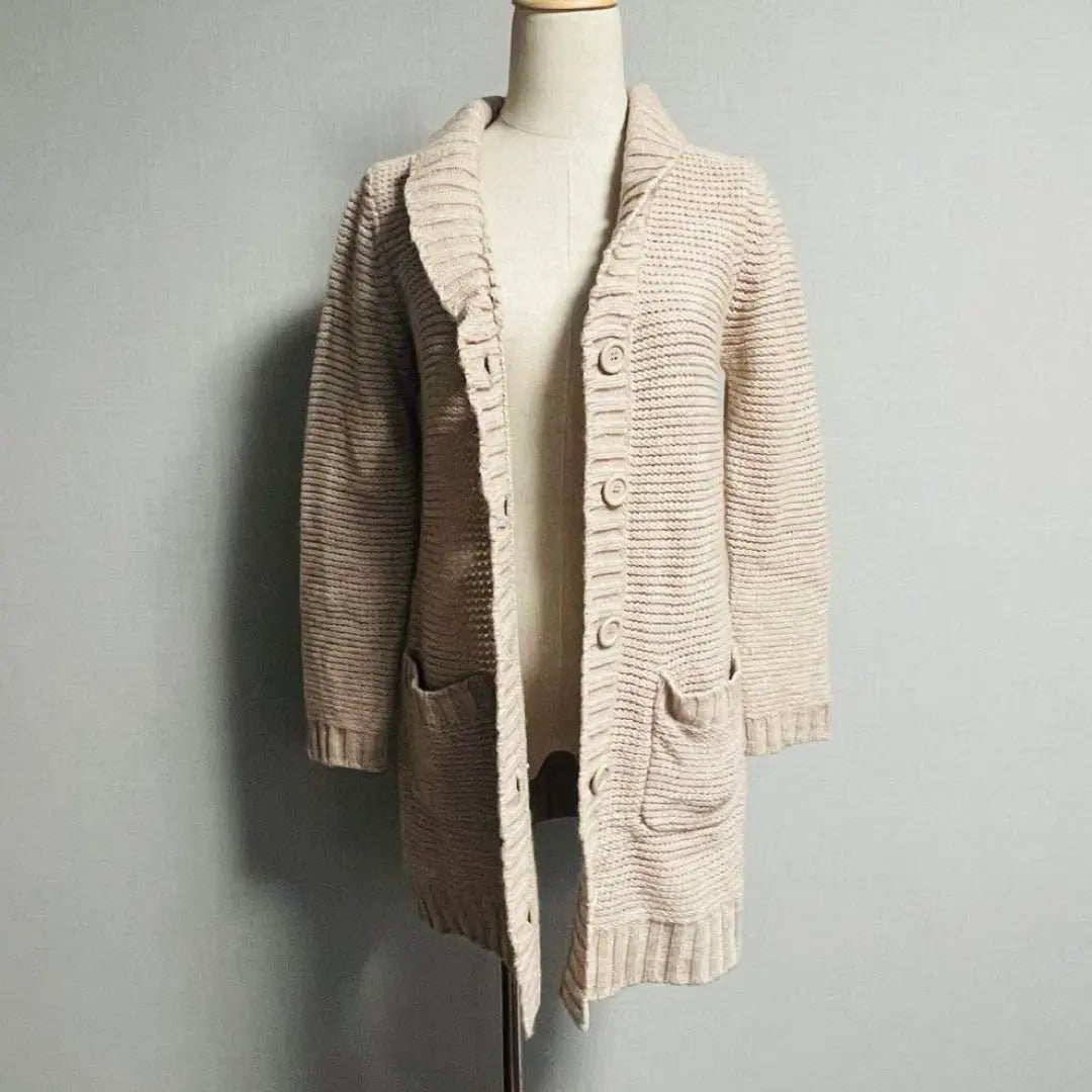 Beautiful condition Simplicity Waist Ribbon Wool Long Sleeve Beige Long Cardigan