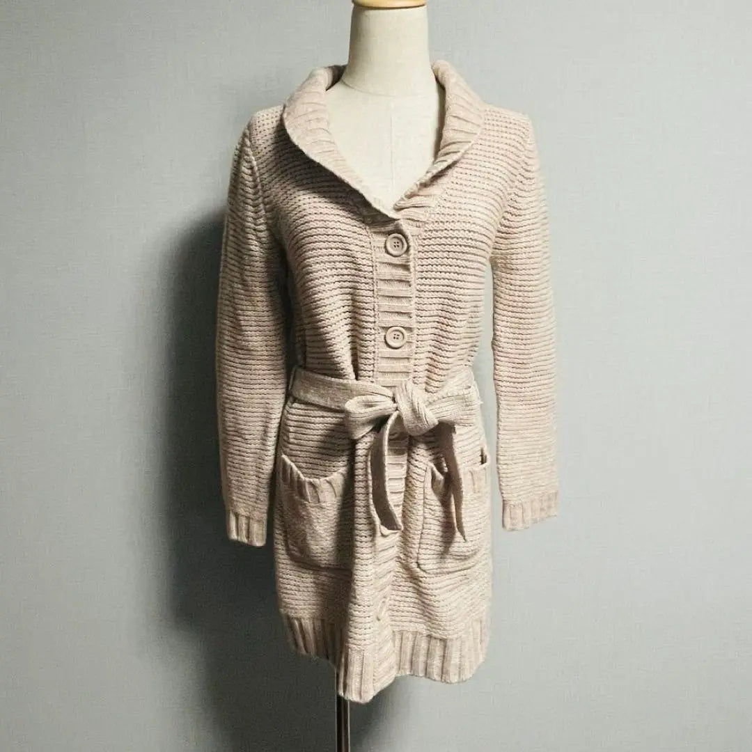 Beautiful condition Simplicity Waist Ribbon Wool Long Sleeve Beige Long Cardigan