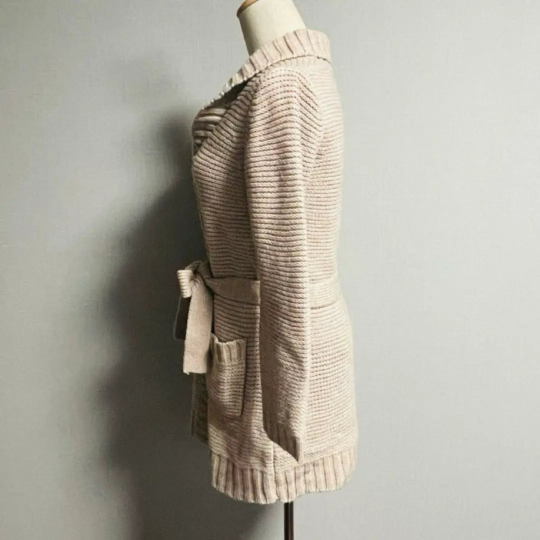 Beautiful condition Simplicity Waist Ribbon Wool Long Sleeve Beige Long Cardigan