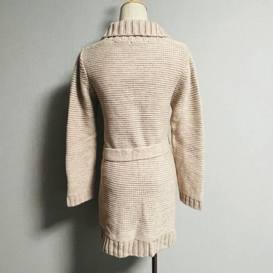 Beautiful condition Simplicity Waist Ribbon Wool Long Sleeve Beige Long Cardigan