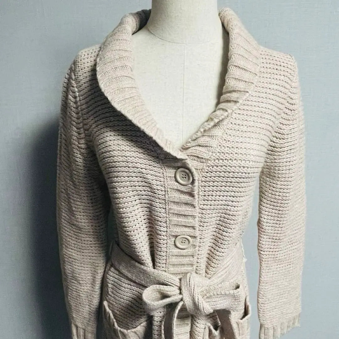 Beautiful condition Simplicity Waist Ribbon Wool Long Sleeve Beige Long Cardigan