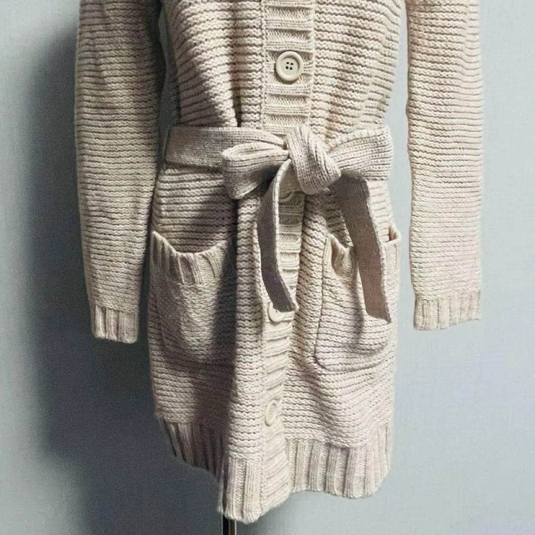 Beautiful condition Simplicity Waist Ribbon Wool Long Sleeve Beige Long Cardigan