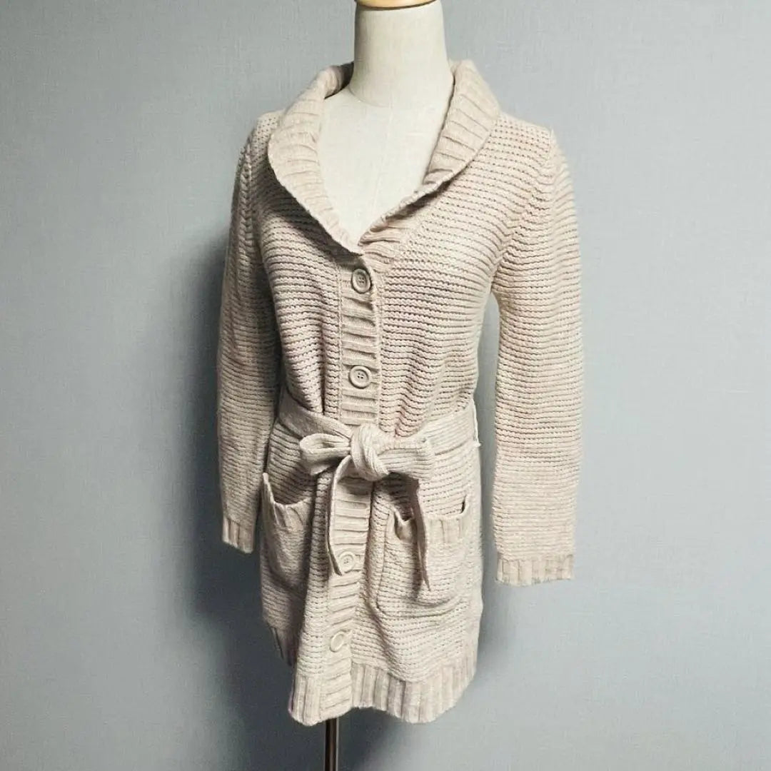 Beautiful condition Simplicity Waist Ribbon Wool Long Sleeve Beige Long Cardigan