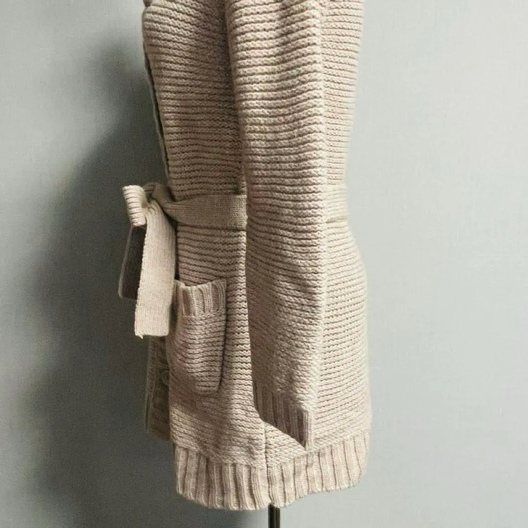 Beautiful condition Simplicity Waist Ribbon Wool Long Sleeve Beige Long Cardigan