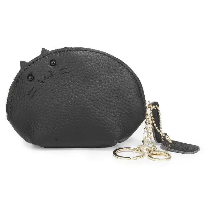 Monedero y llavero de piel auténtica para mujer, minicartera con bonito diseño de gato en color negro