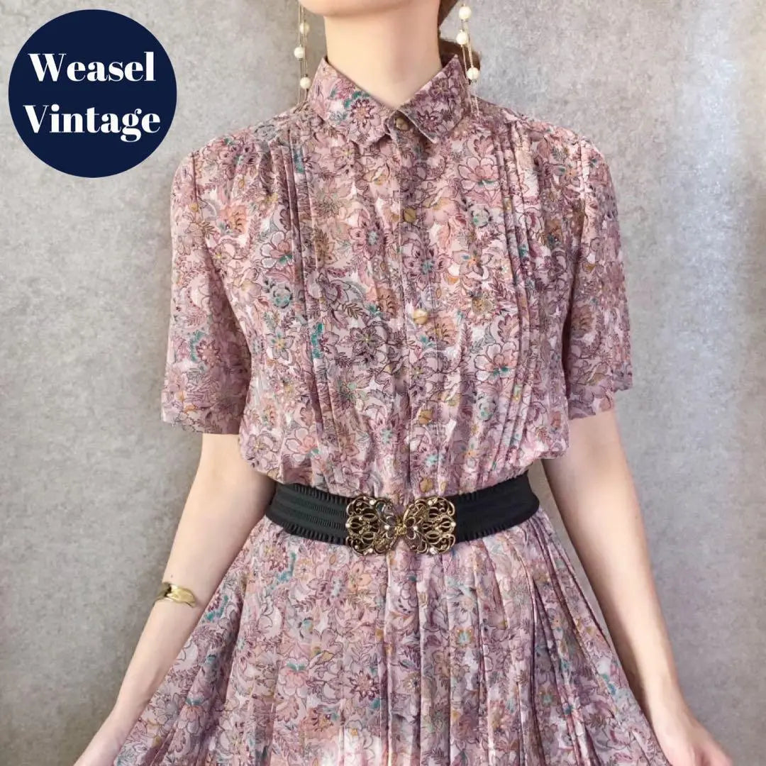 Ropa vintage retro vintage, vestido floral botánico, mangas cortas, rosa opaco