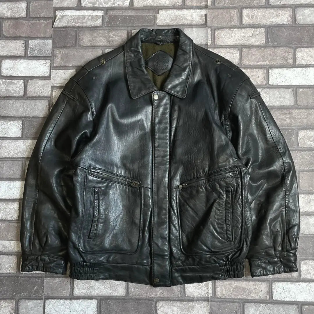 vintage sheepskin lamb leather jacket black padded shoulder pad