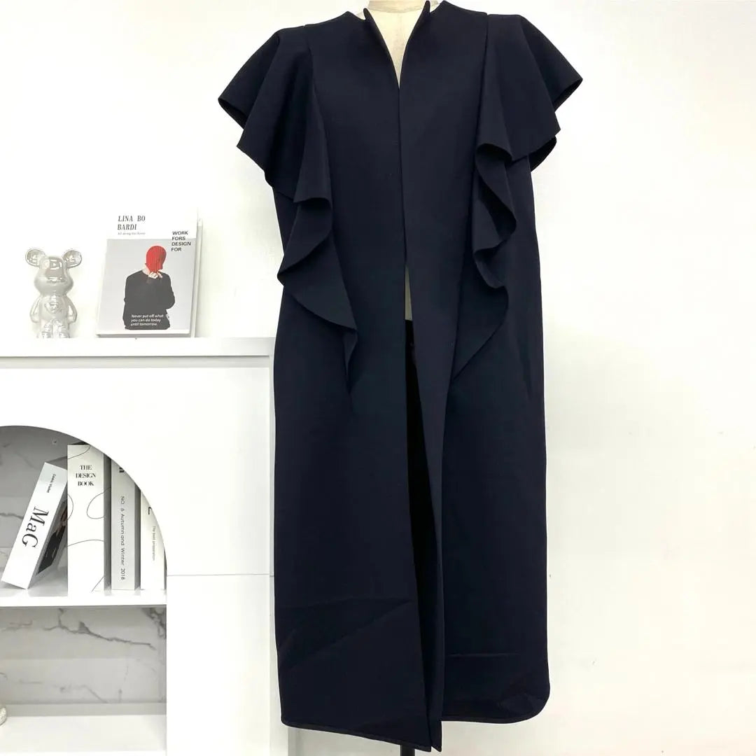 Haori largo con volantes, negro, talla única, de moda, elástico y frecuente