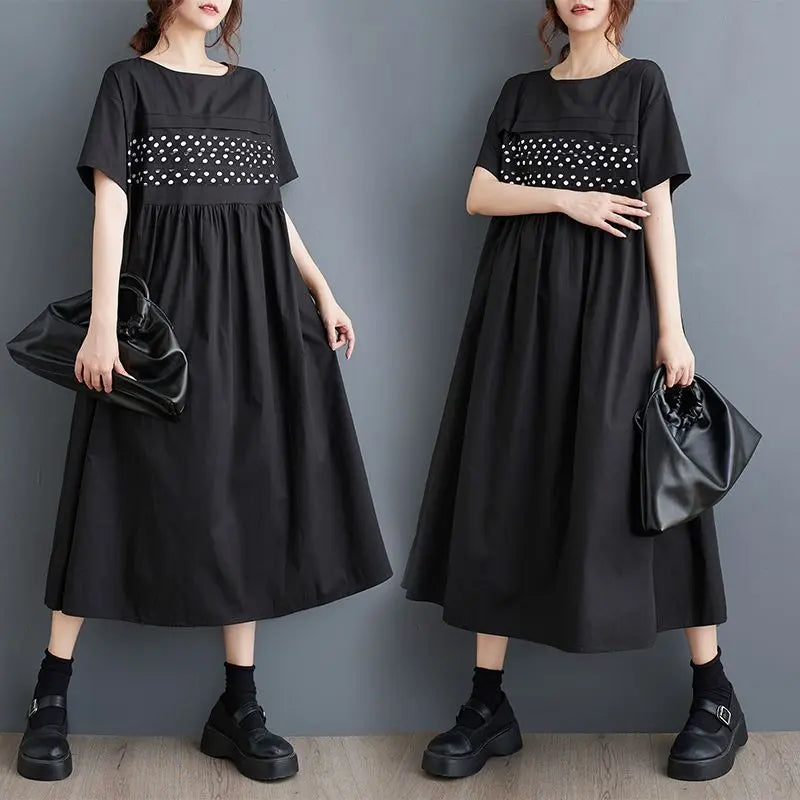 New summer long dress, slimming, dot pattern, round neck, Korea