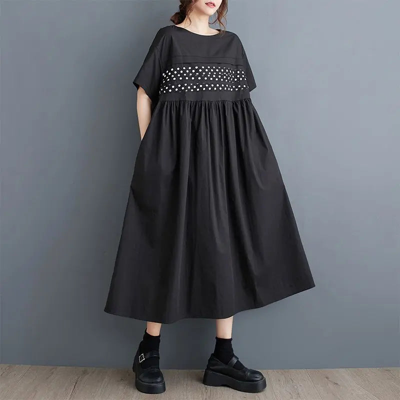 New summer long dress, slimming, dot pattern, round neck, Korea