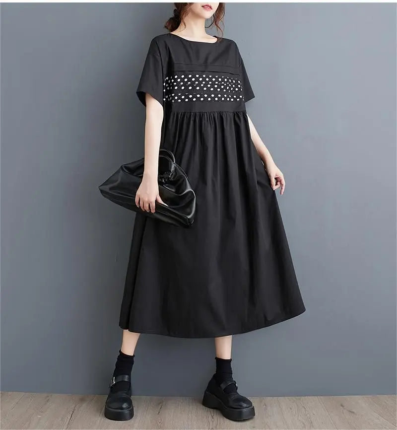 New summer long dress, slimming, dot pattern, round neck, Korea