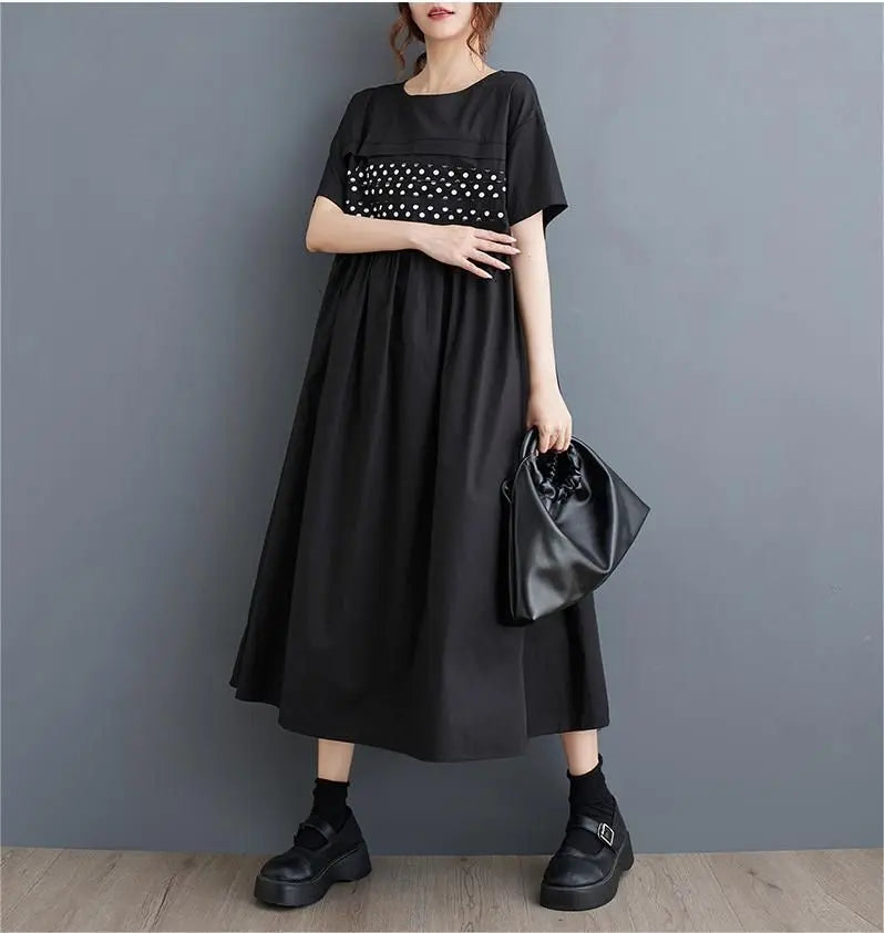 New summer long dress, slimming, dot pattern, round neck, Korea