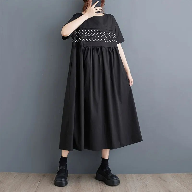 New summer long dress, slimming, dot pattern, round neck, Korea