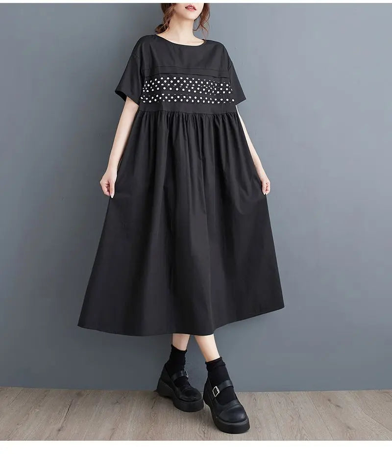 New summer long dress, slimming, dot pattern, round neck, Korea