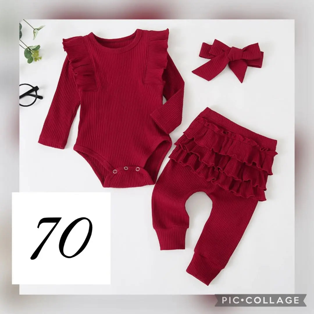 Romper 3-piece set, long sleeves, loungewear, pajamas, going out wear, red, red, 70