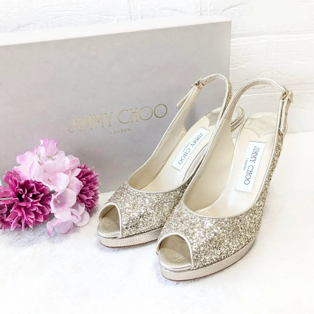 ✨Extremadamente hermosos✨ Zapatos de tacón de aguja con punta abierta y purpurina de Jimmy Choo en dorado