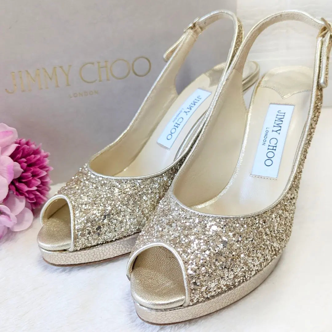 ✨Extremadamente hermosos✨ Zapatos de tacón de aguja con punta abierta y purpurina de Jimmy Choo en dorado