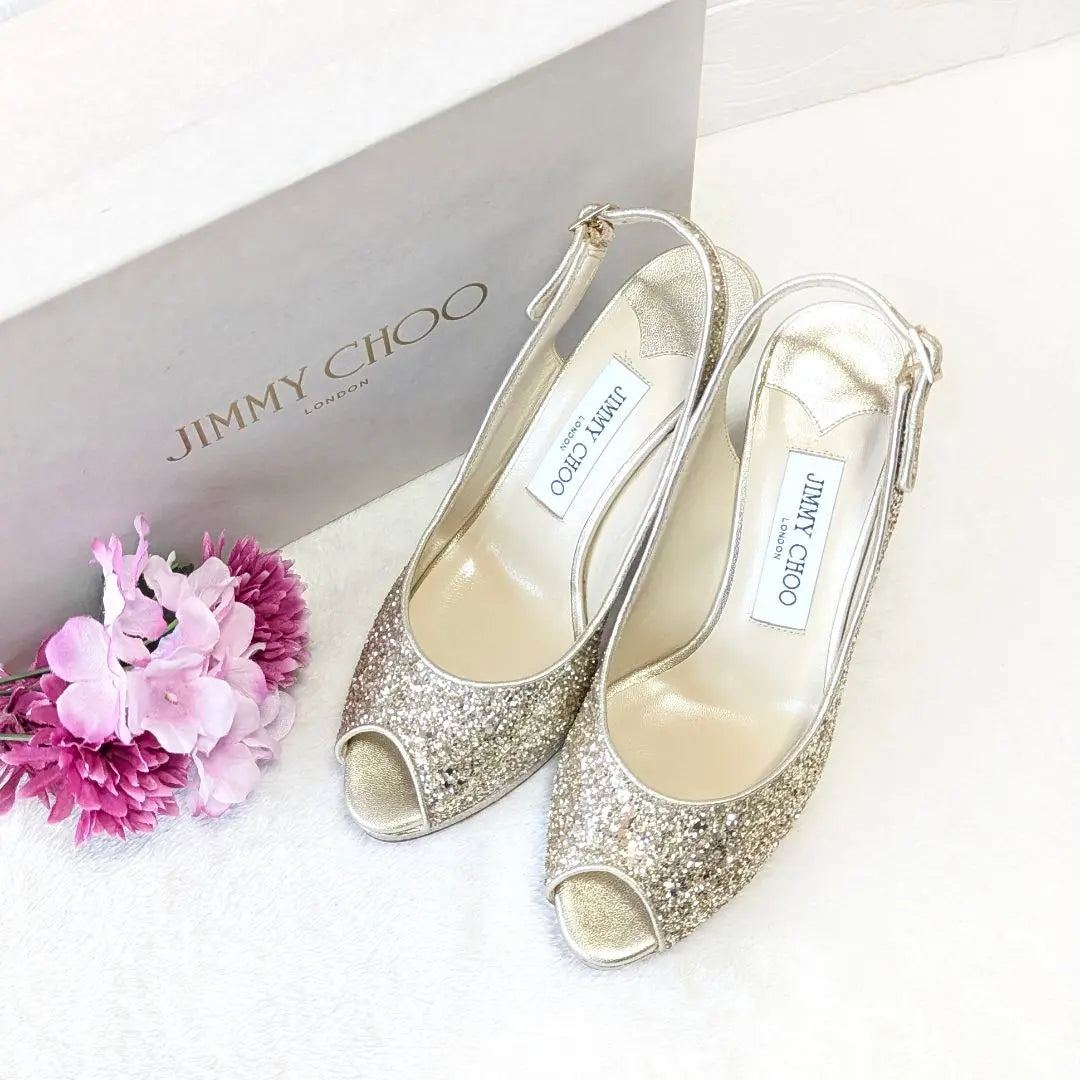 ✨Extremadamente hermosos✨ Zapatos de tacón de aguja con punta abierta y purpurina de Jimmy Choo en dorado