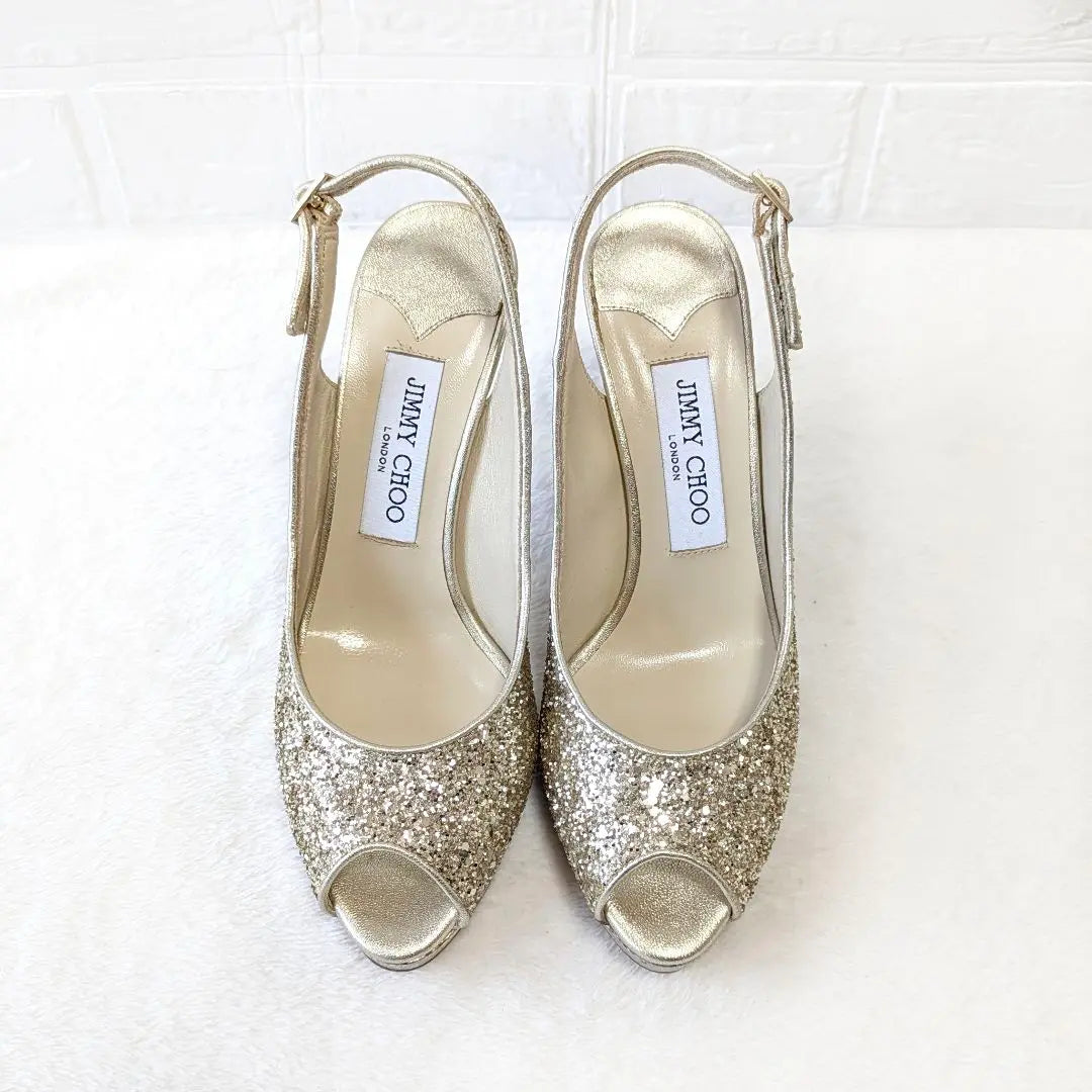 ✨Extremadamente hermosos✨ Zapatos de tacón de aguja con punta abierta y purpurina de Jimmy Choo en dorado