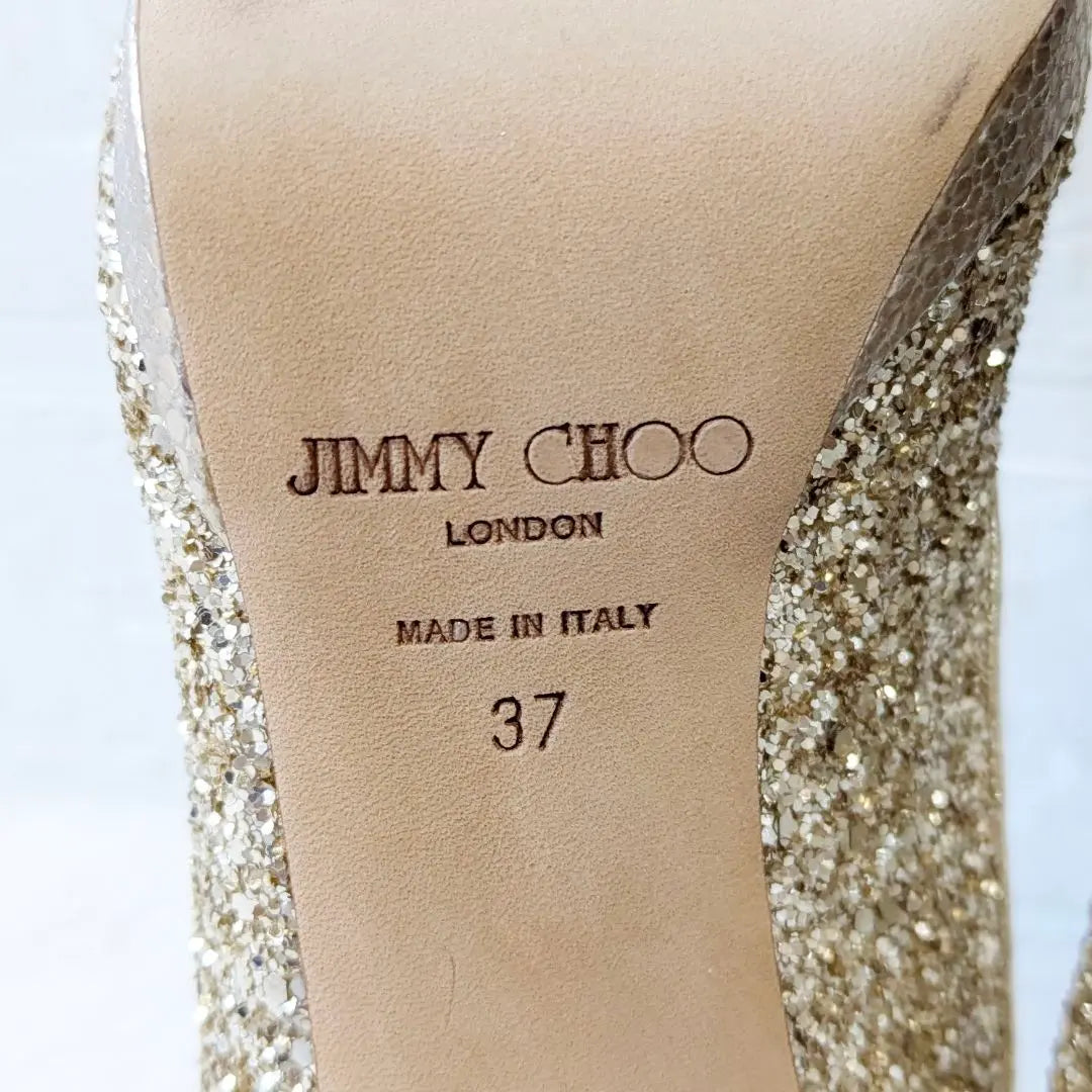 ✨Extremadamente hermosos✨ Zapatos de tacón de aguja con punta abierta y purpurina de Jimmy Choo en dorado