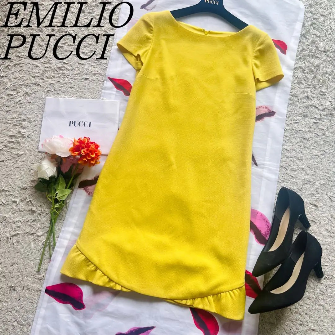 [Productos hermosos] Vestido con volantes de Emilio Pucci Amarillo manga corta hasta la rodilla | 【美品】EMILIO PUCCI フリルワンピース 黄色 半袖 膝丈