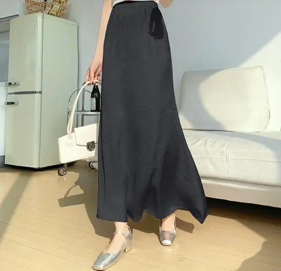 Long skirt, high waist, women's, elastic, black, flare, glossy