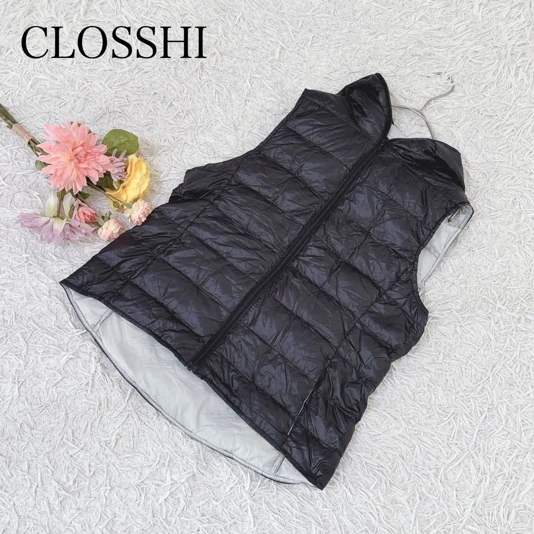 [L] Crossy down vest with hood, sleeveless, black, zip-up