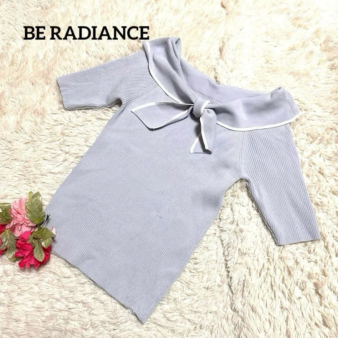 BE RADIANCE Ice Blue Sailor Collar Ribbon Rib Knit Short Sleeve