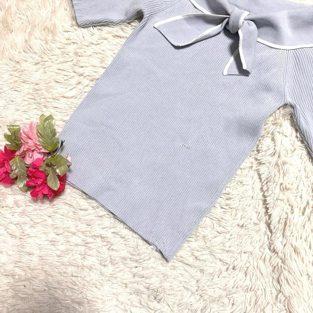 BE RADIANCE Ice Blue Sailor Collar Ribbon Rib Knit Short Sleeve