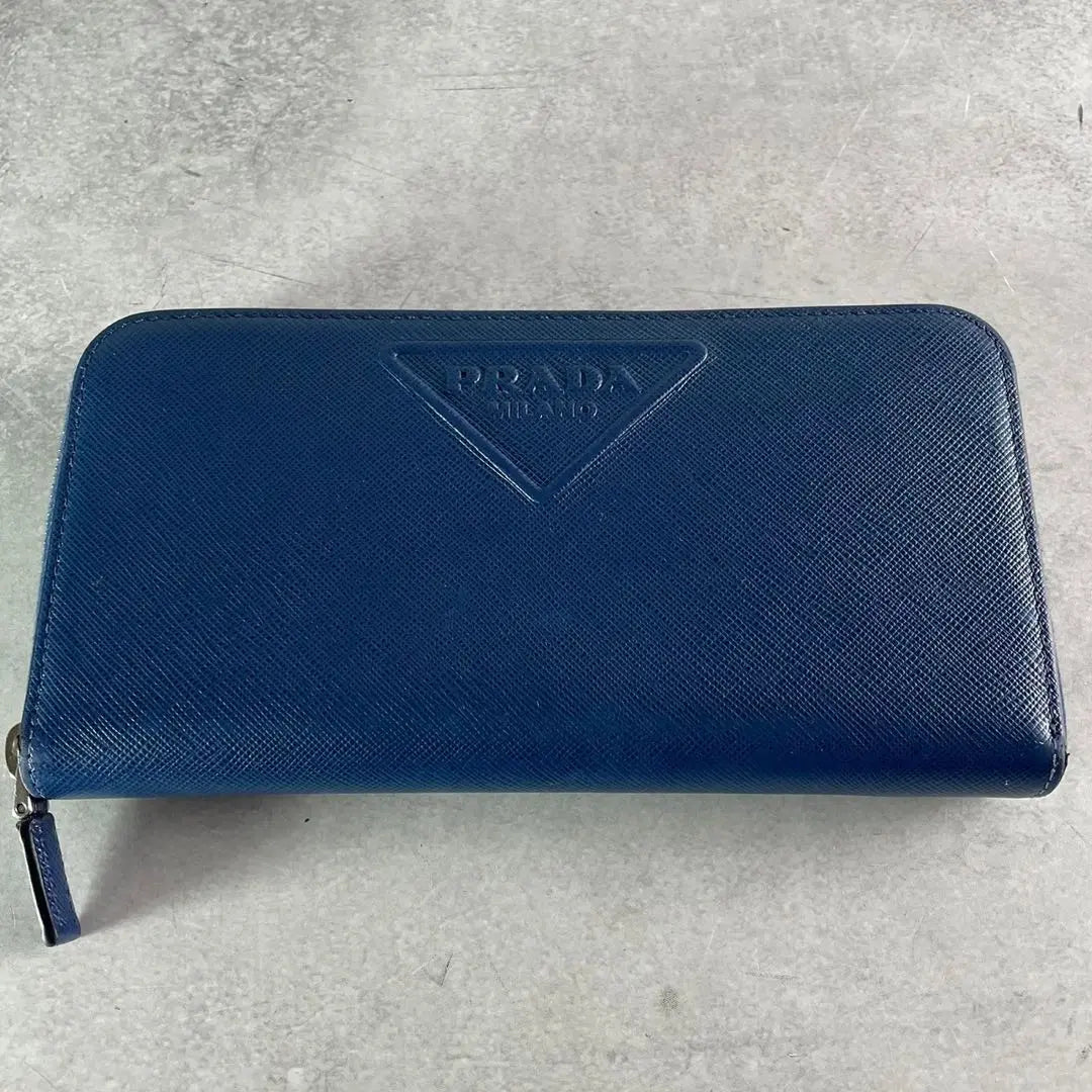 [Extremely beautiful] Prada long wallet embossed triangular logo Saffiano leather navy